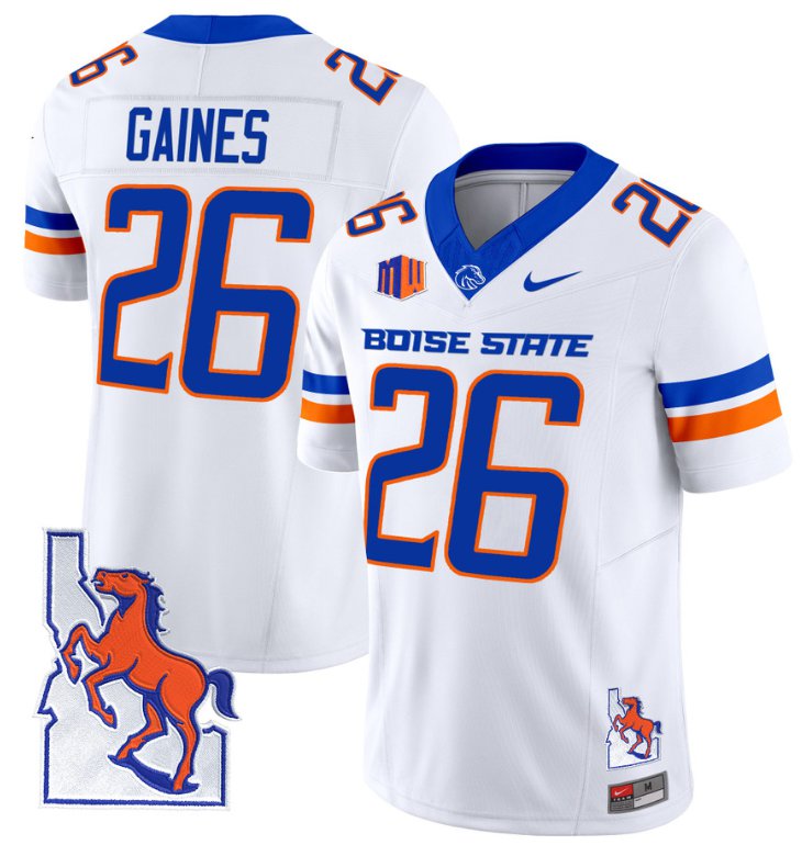 Men's Nike Sire Gaines Jersey #26 Boise State Broncos 2024 Map Patch Vapor Football White