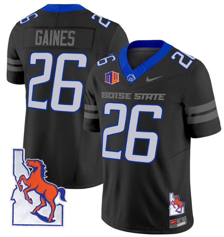 Men's Nike Sire Gaines Jersey #26 Boise State Broncos 2024 Map Patch Vapor Football Black