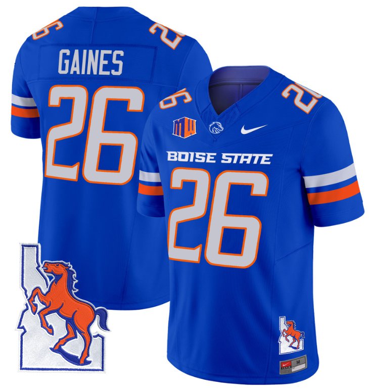 Men's Nike Sire Gaines Jersey #26 Boise State Broncos 2024 Map Patch Vapor Football Royal