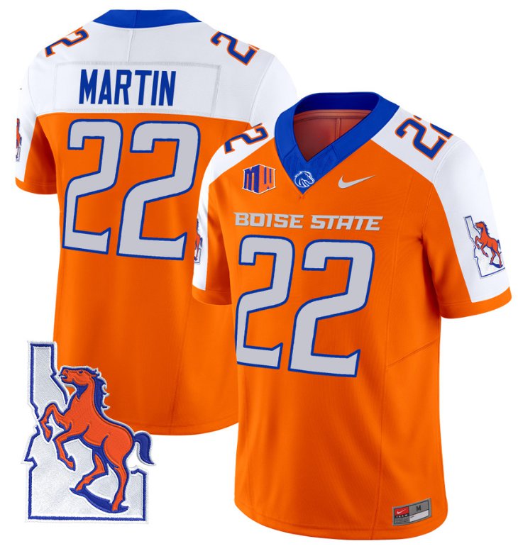 Men's Nike Doug Martin Jersey #22 Boise State Broncos 2024 Map Patch Vapor Football Orange Alternate