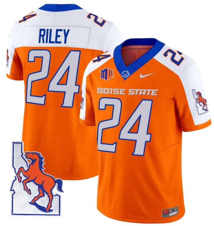 Men's Nike Dylan Riley Jersey #24 Boise State Broncos 2024 Map Patch Vapor Football Orange Alternate