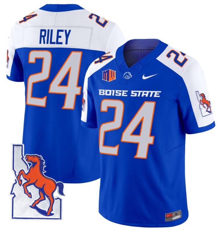 Men's Nike Dylan Riley Jersey #24 Boise State Broncos 2024 Map Patch Vapor Football Royal Alternate