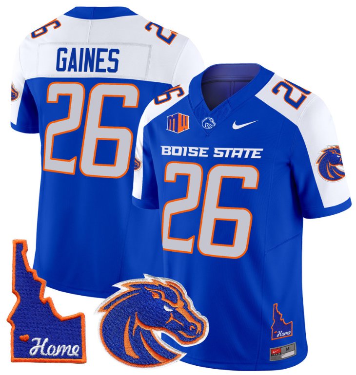 Men's Nike Sire Gaines Jersey #26 Boise State Broncos 2024 Home Patch Vapor Football Royal Alternate