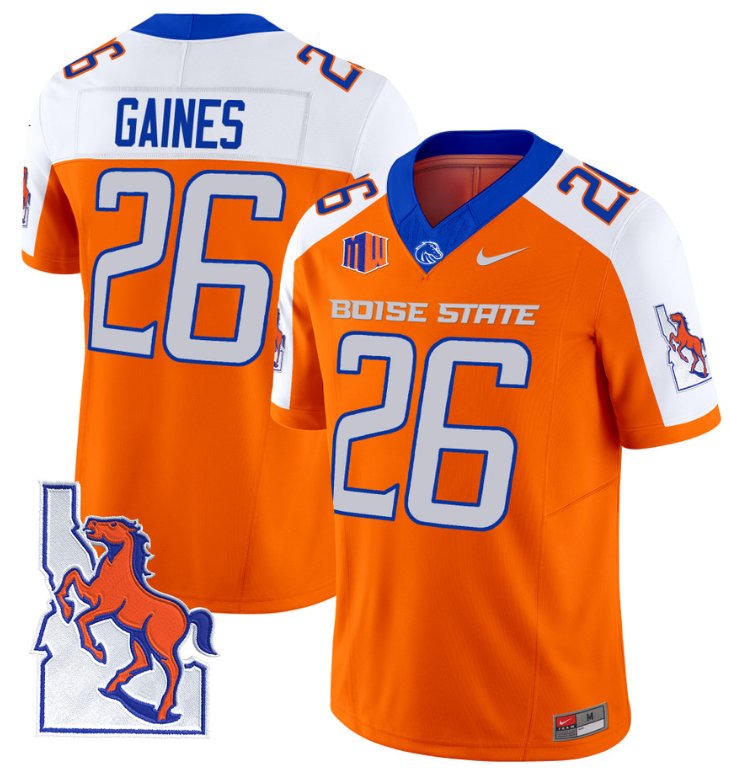 Men's Nike Sire Gaines Jersey #26 Boise State Broncos 2024 Map Patch Vapor Football Orange Alternate