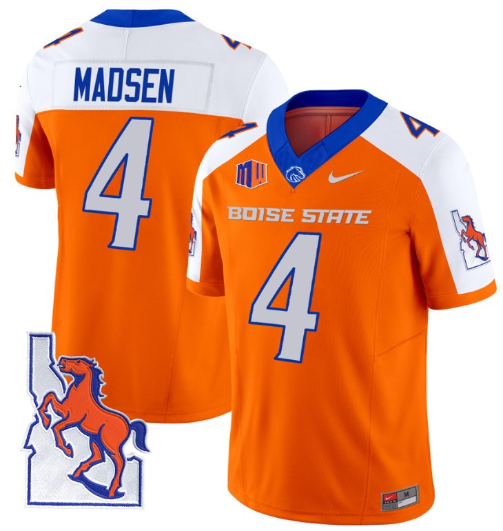 Men's Nike Maddux Madsen Jersey #4 Boise State Broncos 2024 Map Patch Vapor Football Orange Alternate