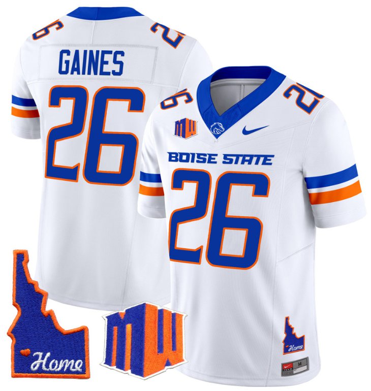 Men's Nike Sire Gaines Jersey #26 Boise State Broncos 2024 Home Patch Vapor Football White