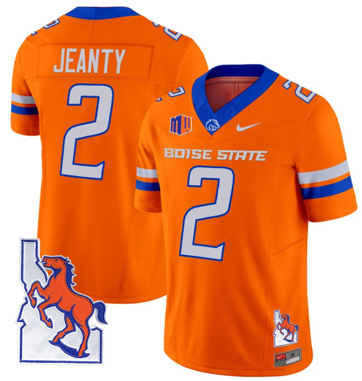 Men's Nike Ashton Jeanty Jersey #2 Boise State Broncos 2024 Map Patch Vapor Football Orange