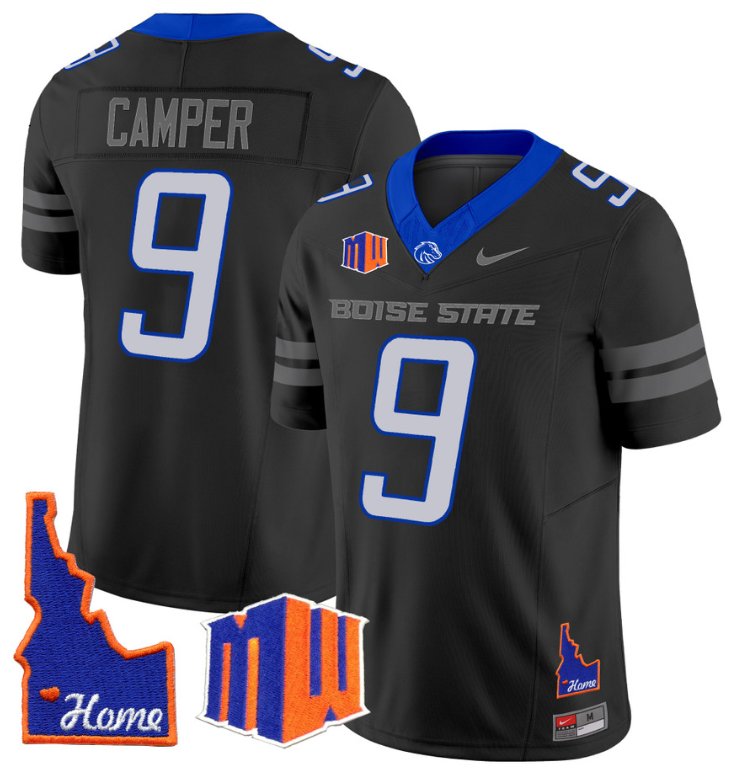 Men's Nike Cameron Camper Jersey #9 Boise State Broncos 2024 Home Patch Vapor Football Black