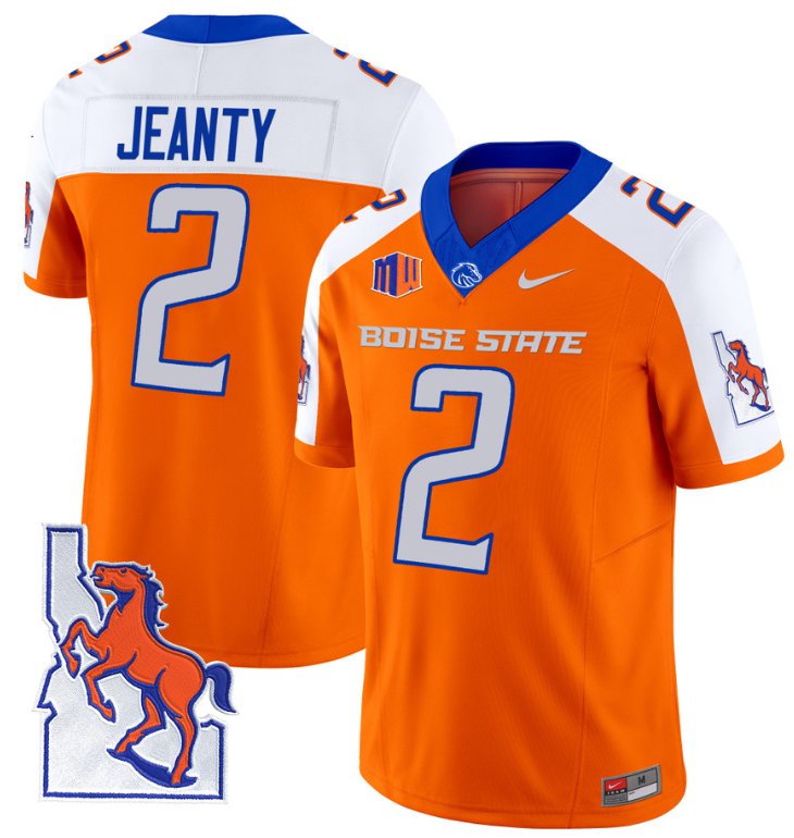 Men's Nike Ashton Jeanty Jersey #2 Boise State Broncos 2024 Map Patch Vapor Football Orange Alternate