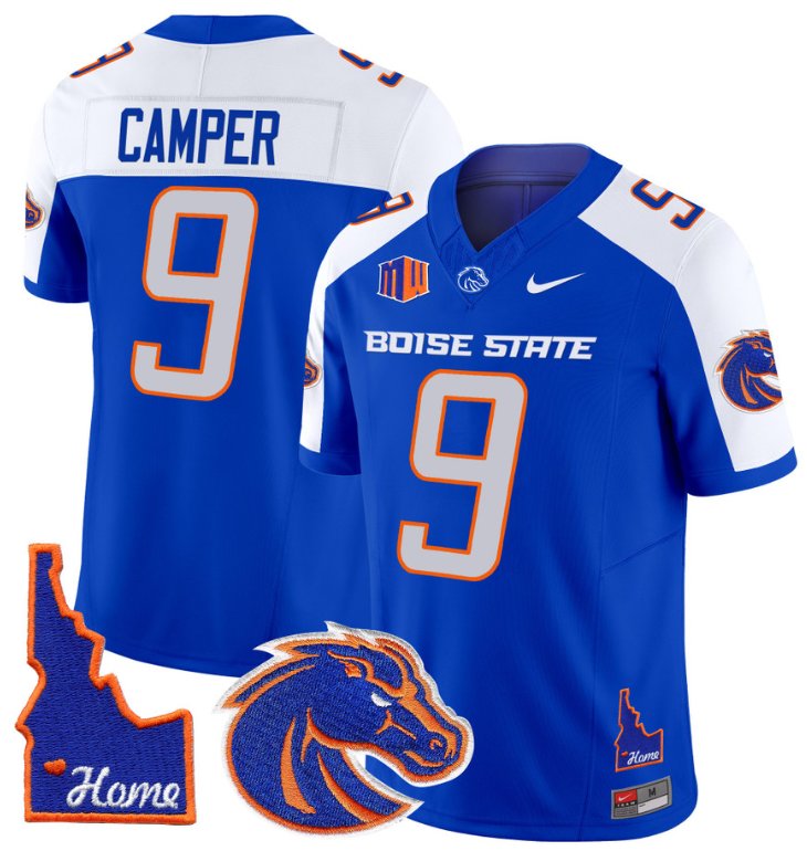 Men's Nike Cameron Camper Jersey #9 Boise State Broncos 2024 Home Patch Vapor Football Royal Alternate