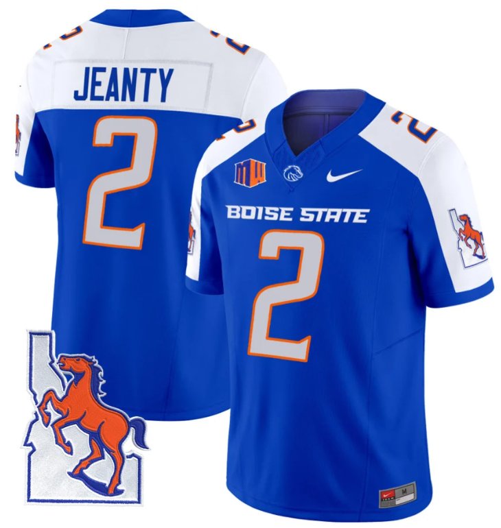 Men's Nike Ashton Jeanty Jersey #2 Boise State Broncos 2024 Map Patch Vapor Football Royal Alternate