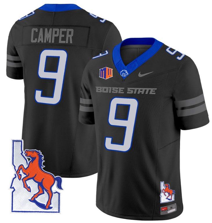 Men's Nike Cameron Camper Jersey #9 Boise State Broncos 2024 Map Patch Vapor Football Black