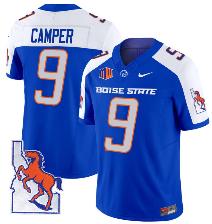 Men's Nike Cameron Camper Jersey #9 Boise State Broncos 2024 Map Patch Vapor Football Royal Alternate