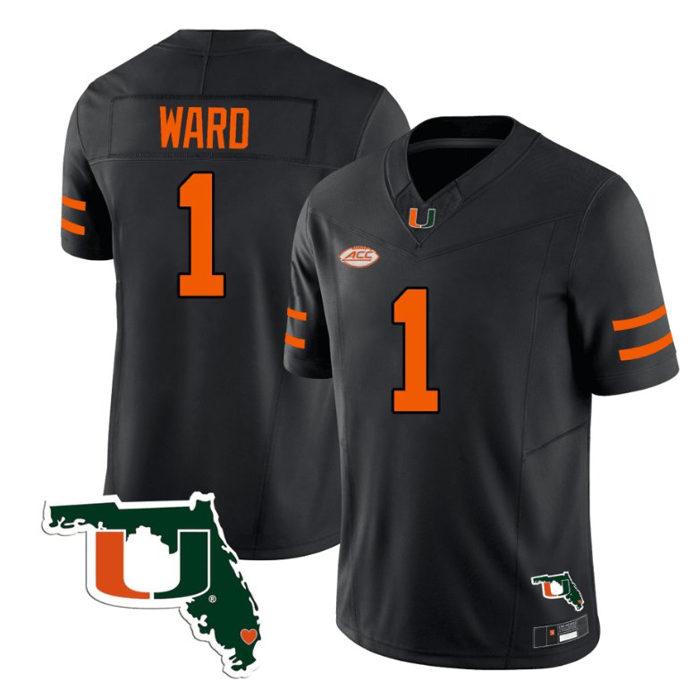 Men's Adidas Cameron Ward Jersey #1 Miami Hurricanes Florida Map College Football Stitched Black