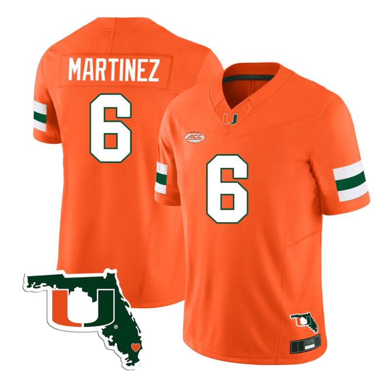 Men's Adidas Damien Martinez Jersey #6 Miami Hurricanes Florida Map College Football Stitched Orange