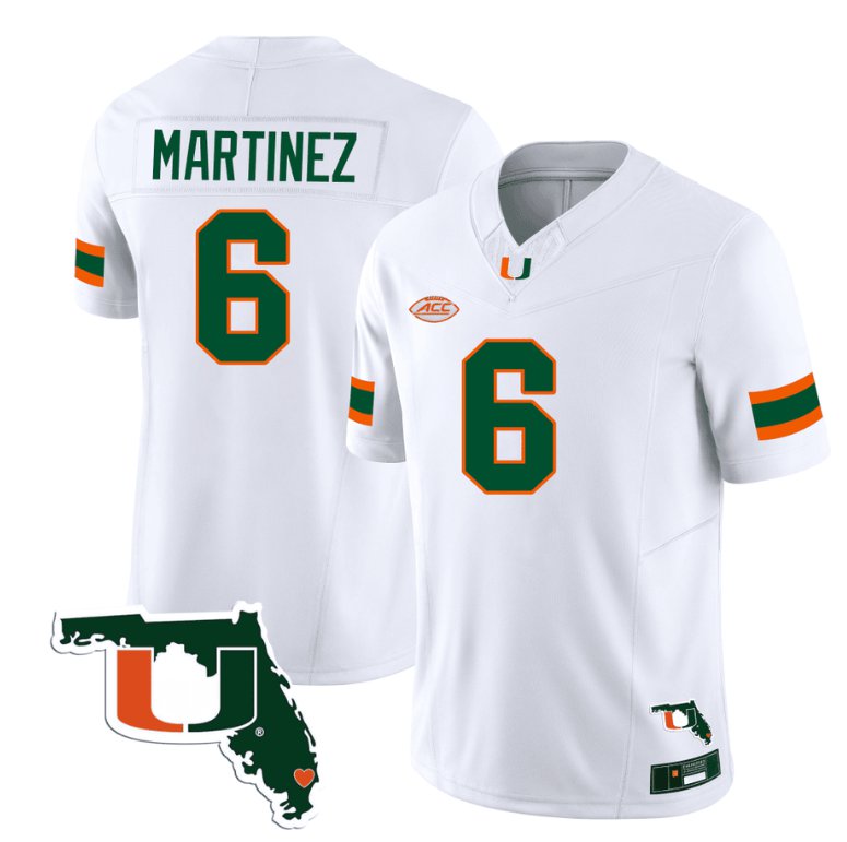 Men's Adidas Damien Martinez Jersey #6 Miami Hurricanes Florida Map College Football Stitched White