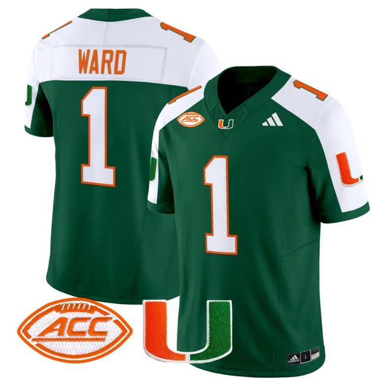 Men's Adidas Cam Ward Jersey #1 Miami Hurricanes Vapor Football Stitched Green Alternate