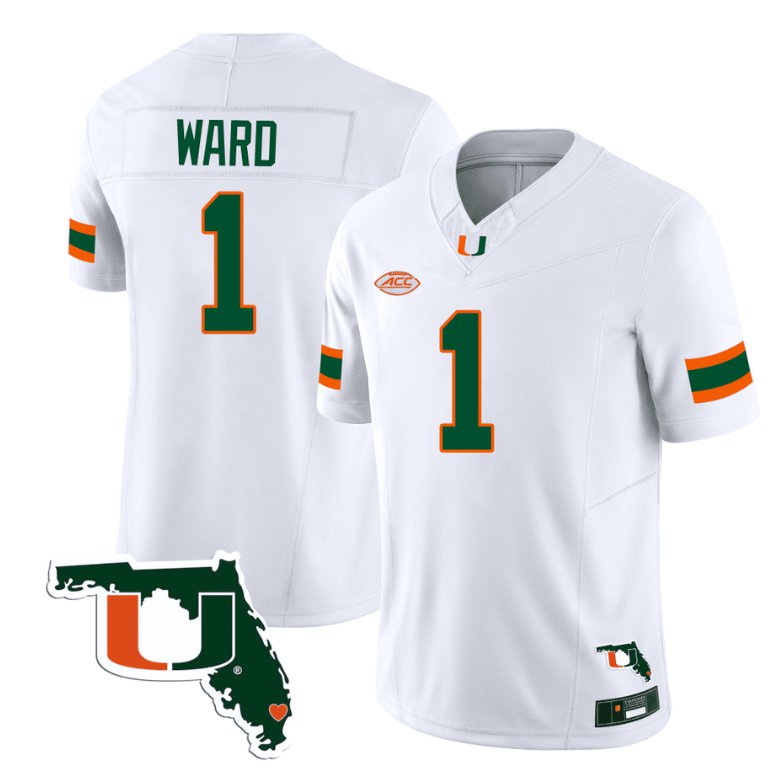 Men's Adidas Cameron Ward Jersey #1 Miami Hurricanes Florida Map College Football Stitched White