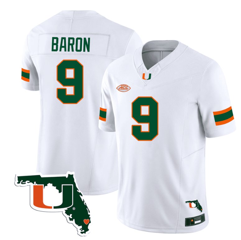 Men's Adidas Tyler Baron Jersey #9 Miami Hurricanes Florida Map College Football Stitched White