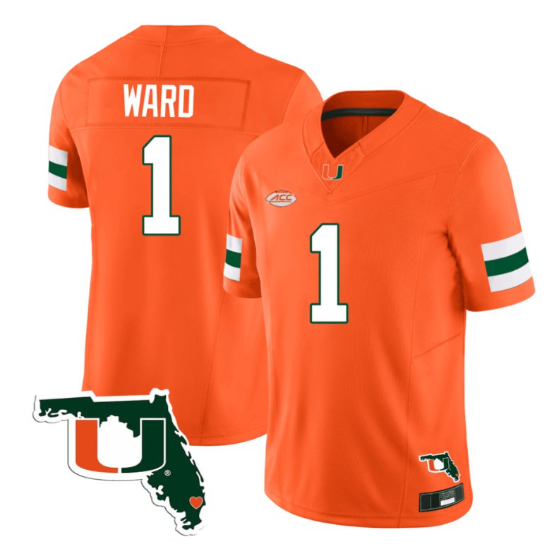 Men's Adidas Cameron Ward Jersey #1 Miami Hurricanes Florida Map College Football Stitched Orange