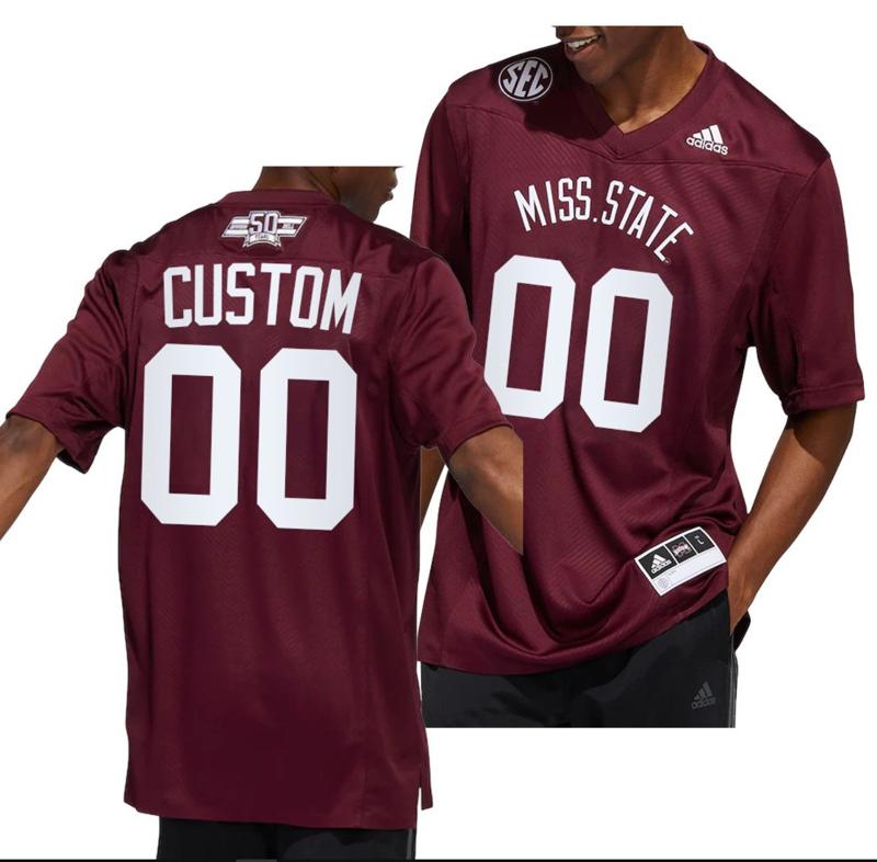 Men's Adidas Custom Mississippi State Bulldogs Jersey NCAA College Football Maroon Dowsing x Bell 50 Year