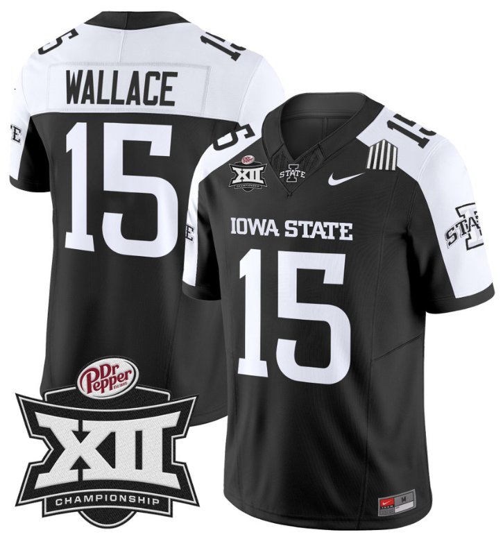 Men's Nike Seneca Wallace Jersey #15 Iowa State 2024 Championship Patch Vapor Black Alternate