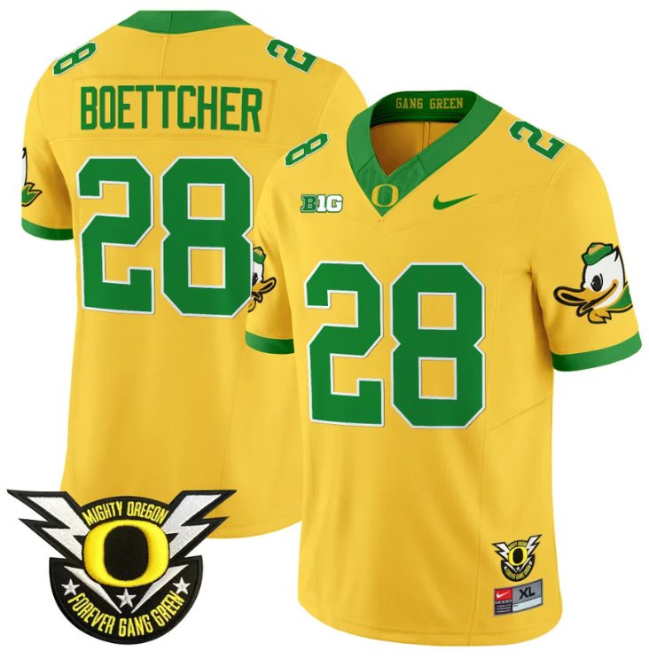 Men's Nike Bryce Boettcher Jersey #28 Oregon Duck Forever Gang Green Football Gold