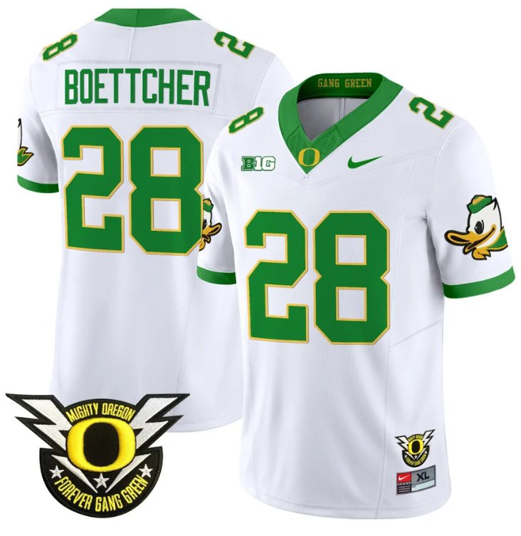 Men's Nike Bryce Boettcher Jersey #28 Oregon Duck Forever Gang Green Football White