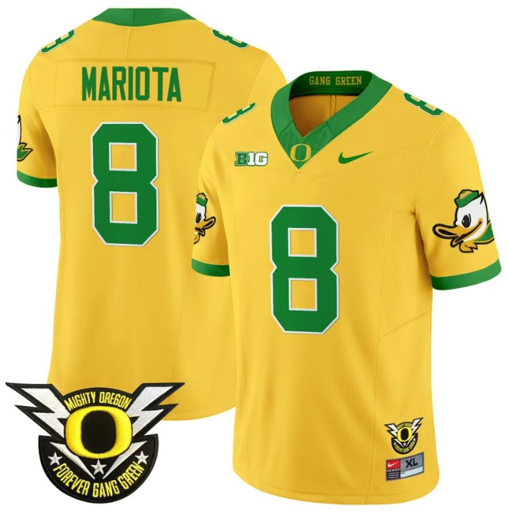 Men's Nike Marcus Mariota Jersey #8 Oregon Duck Forever Gang Green Football Gold