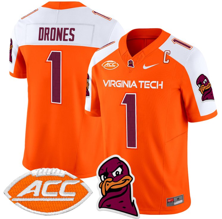 Men's Nike Kyron Drones Jersey #1 Virginia Tech Hokies Vapor Limited College Football Orange Alternate