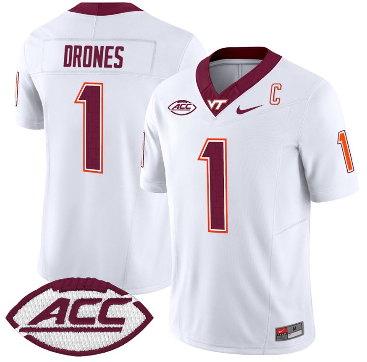 Men's Nike Kyron Drones Jersey #1 Virginia Tech Hokies Vapor Limited College Football White