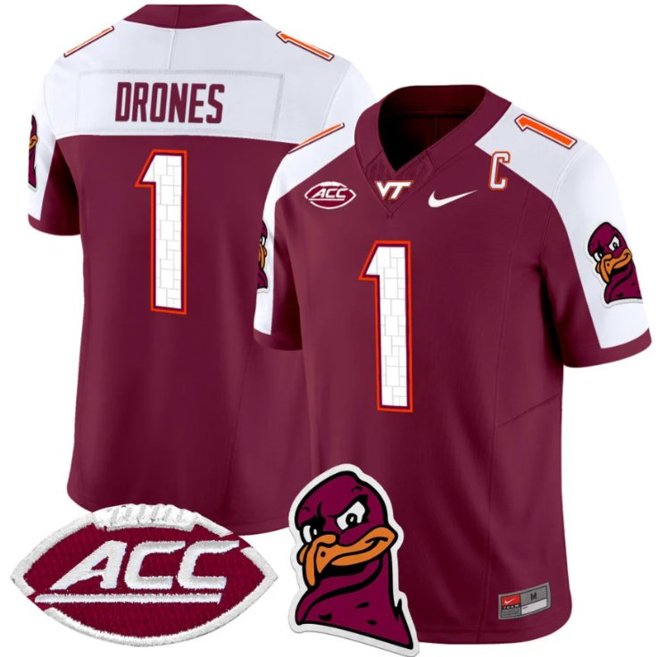 Men's Nike Kyron Drones Jersey #1 Virginia Tech Hokies Vapor Limited College Football Maroon Alternate