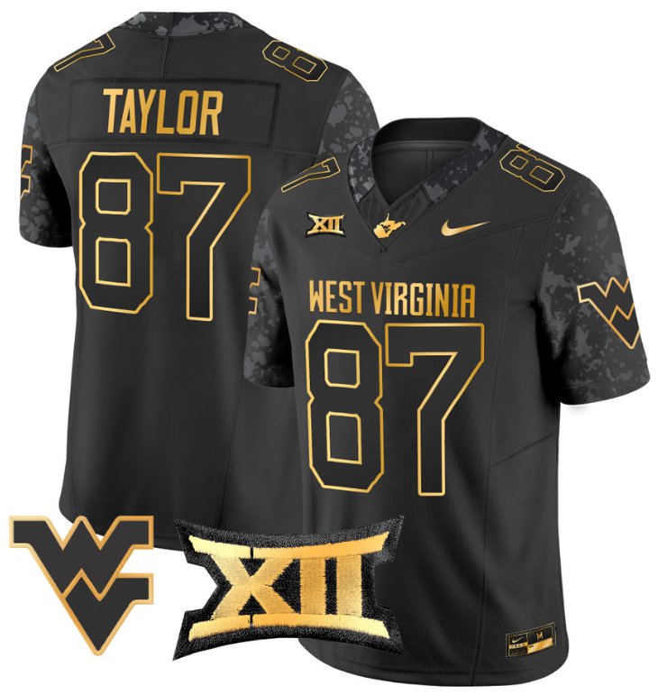 Men's Nike Kole Taylor Jersey #87 West Virginia Mountaineers Gold Vapor Football Black Gold