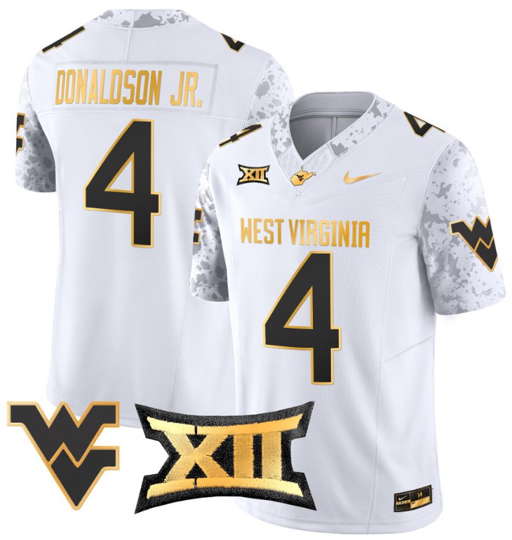 Men's Nike CJ Donaldson Jr Jersey #4 West Virginia Mountaineers Gold Vapor Football White Gold