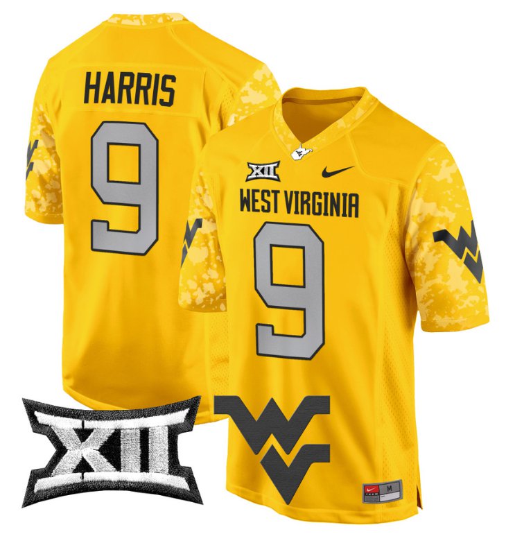 Men's Nike Major Harris Jersey #9 West Virginia Mountaineers Game Football Gold