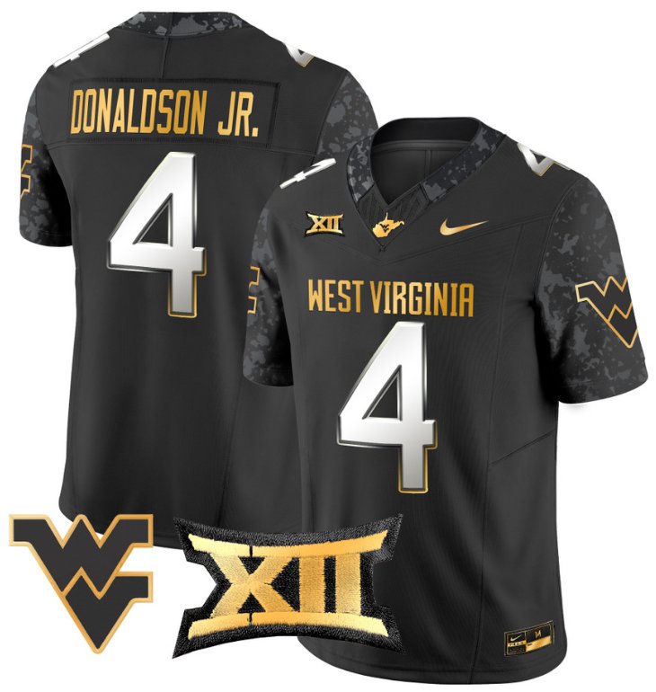 Men's Nike CJ Donaldson Jr Jersey #4 West Virginia Mountaineers Gold Vapor Football Black Limited