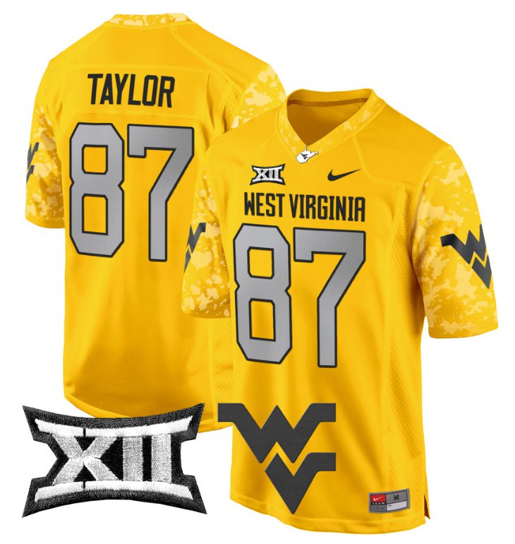 Men's Nike Kole Taylor Jersey #87 West Virginia Mountaineers Game Football Gold