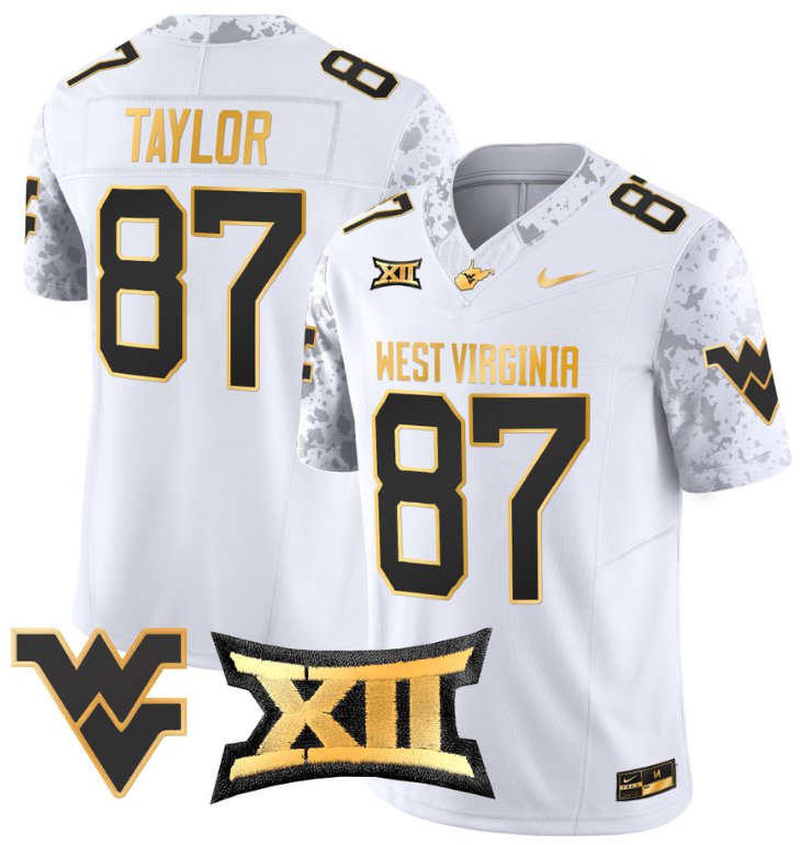 Men's Nike Kole Taylor Jersey #87 West Virginia Mountaineers Gold Vapor Football White Gold