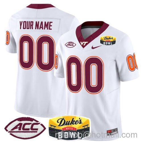 Men's Nike Custom Virginia Tech Hokies Jersey 2025 Duke’s Mayo Bowl Patch Vapor White