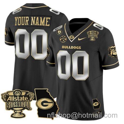 Men's Nike Custom Georgia Bulldogs Jersey 2025 Sugar Bowl Patch Vapor Limited Black Gold Trim