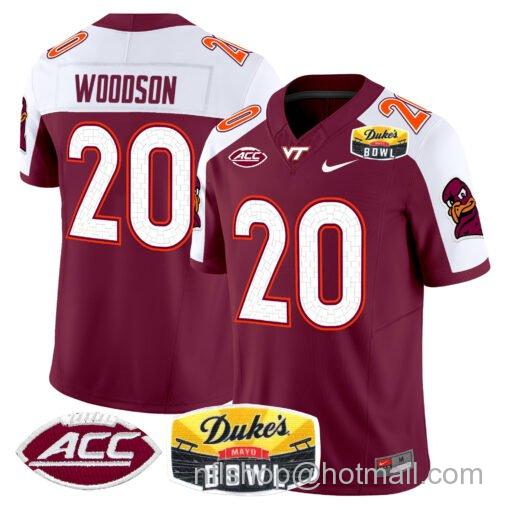 Men's Nike Caleb Woodson Jersey #20 Virginia Tech Hokies 2025 Duke’s Mayo Bowl Patch Maroon Alternate