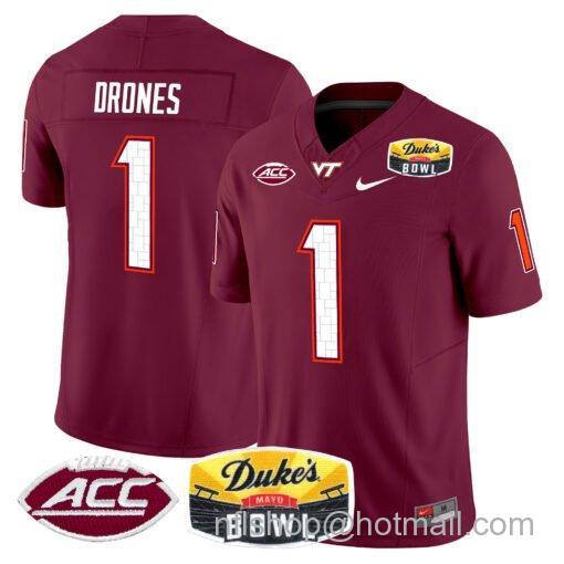 Men's Nike Kyron Drones Jersey #1 Virginia Tech Hokies 2025 Duke’s Mayo Bowl Patch Maroon