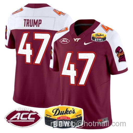 Men's Nike Donald Trump Jersey #47 Virginia Tech Hokies 2025 Duke’s Mayo Bowl Patch Maroon ALternate