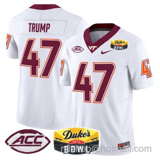 Men's Nike Donald Trump Jersey #47 Virginia Tech Hokies 2025 Duke’s Mayo Bowl Patch White