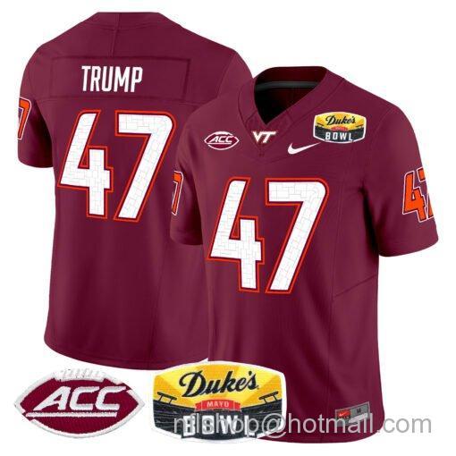 Men's Nike Donald Trump Jersey #47 Virginia Tech Hokies 2025 Duke’s Mayo Bowl Patch Maroon