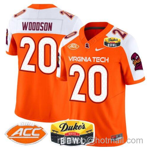 Men's Nike Caleb Woodson Jersey #20 Virginia Tech Hokies 2025 Duke’s Mayo Bowl Patch Orange