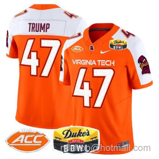 Men's Nike Donald Trump Jersey #47 Virginia Tech Hokies 2025 Duke’s Mayo Bowl Patch Orange Alternate