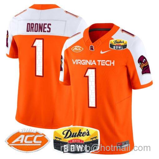 Men's Nike Kyron Drones Jersey #1 Virginia Tech Hokies 2025 Duke’s Mayo Bowl Patch Orange Alternate