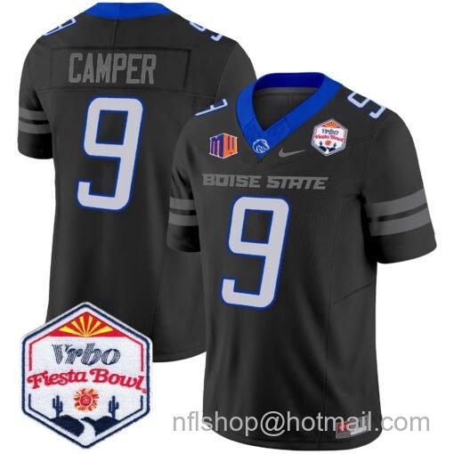 Men's Nike Cameron Camper Jersey #9 Boise State Broncos 2025 Fiesta Bowl Patch Vapor Black