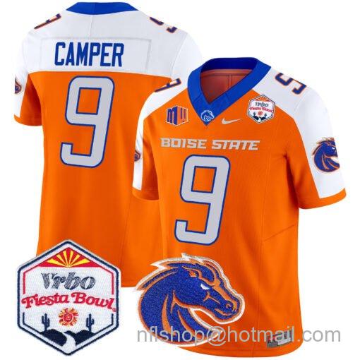 Men's Nike Cameron Camper Jersey #9 Boise State Broncos 2025 Fiesta Bowl Patch Vapor Orange